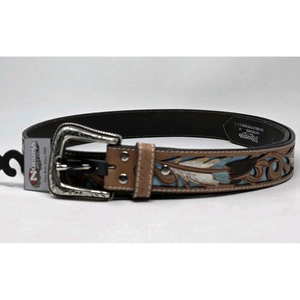 Nocona Mens Size 44 Western Genuine Leather Brown Floral-tooled Belt New